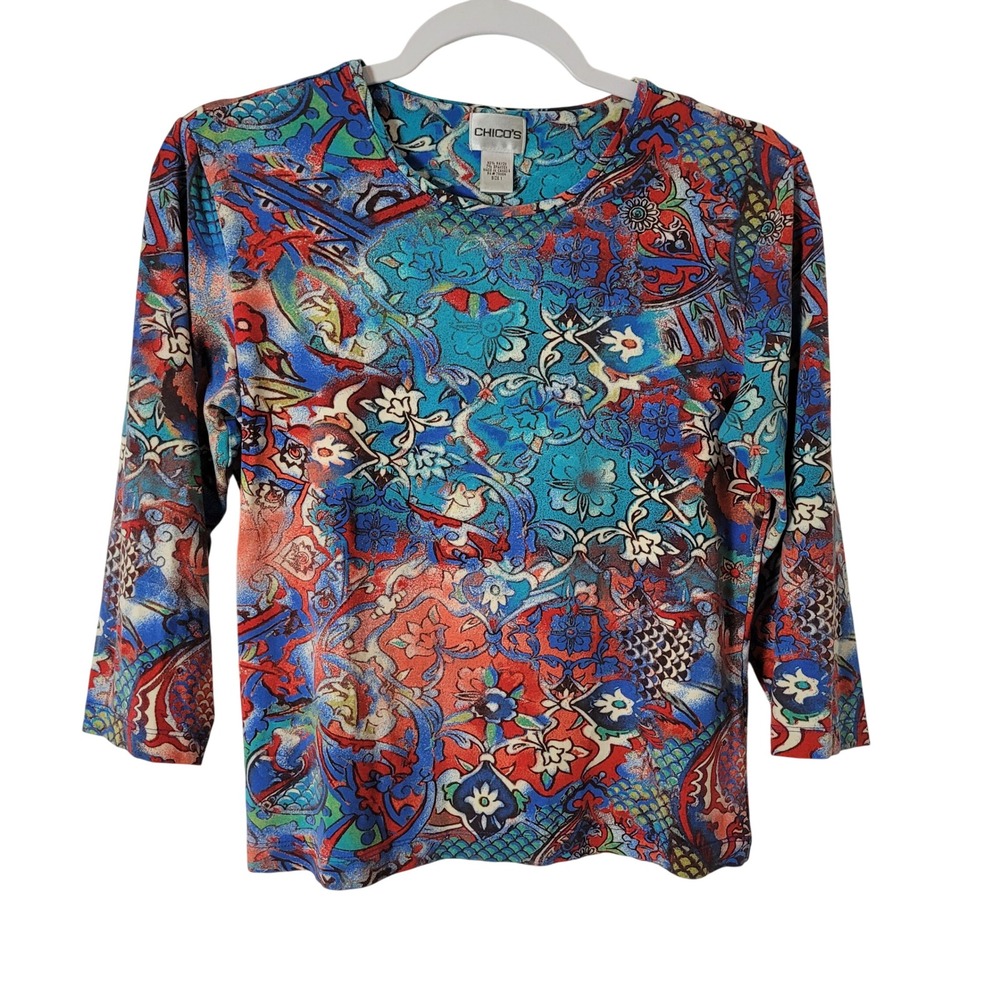 Chicos Size 1 Medium Womens Colorful Paisley Floral 3/4 Sleeve Stretch Top Boho